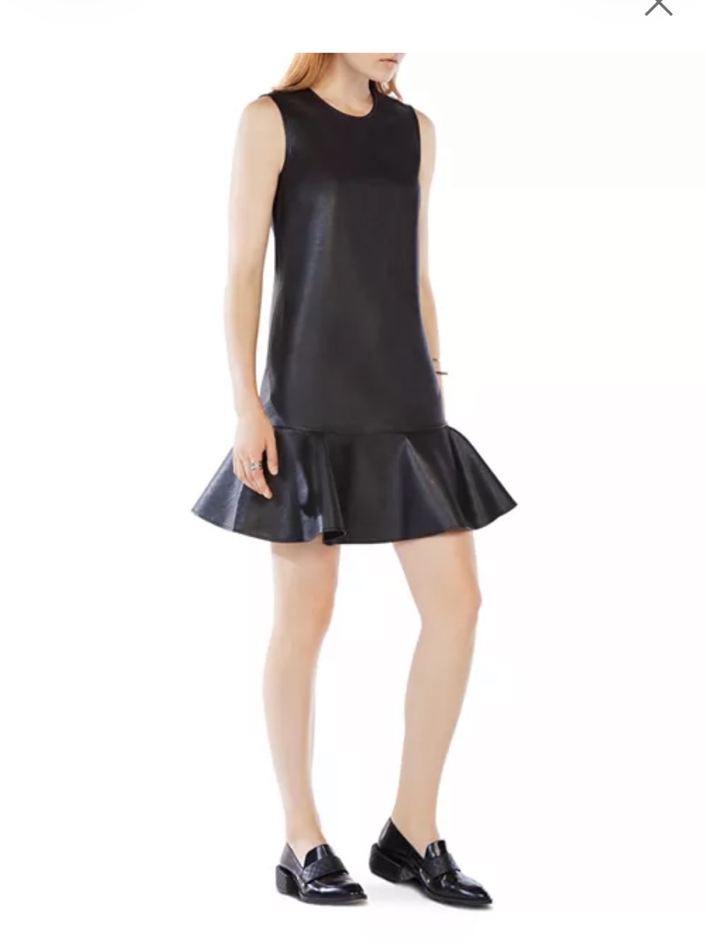 BCBGMAXAZRIA Sheridan Black
Faux Leather Flounced Dress
Size M